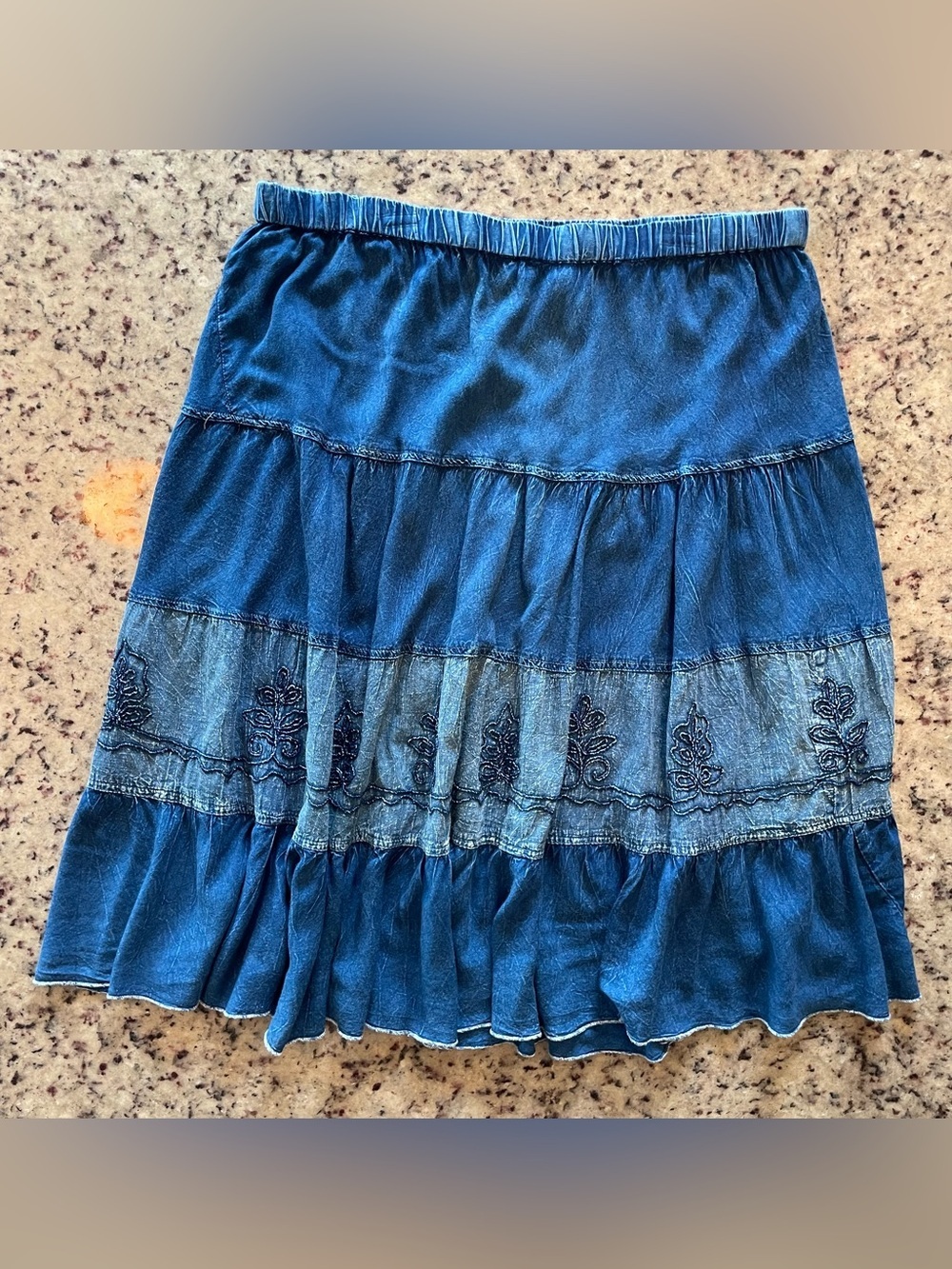 Studio West Blue Tiered Embroidered Denim-Style Skirt L